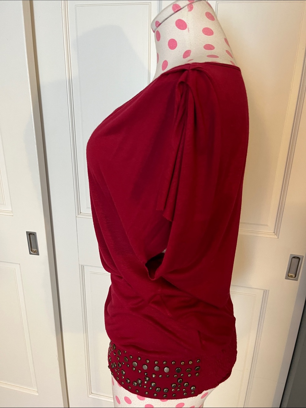 Matty M Off-Shoulder Short Sleeve Top in Wine Red with Studded Hem - Picture 3 of 8